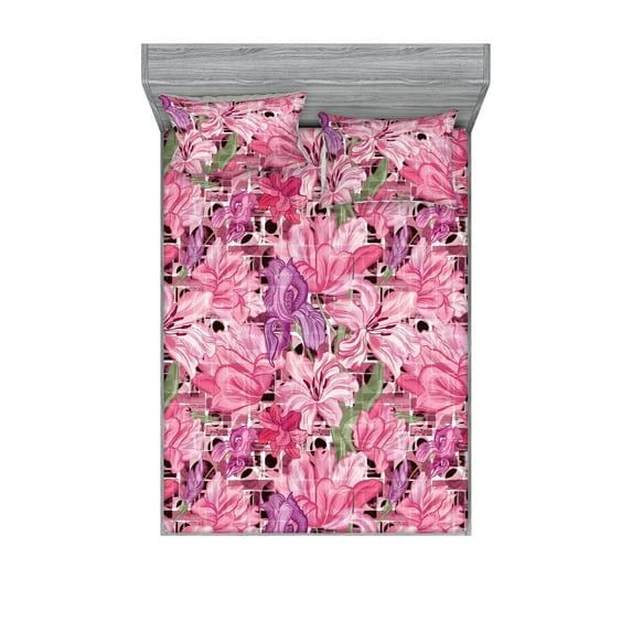 Dreamy Floral Fitted Sheet & Pillow Sham Set, Fantasy Colors Flowers Retro Wave Feels Art on Abstract Boho Back, Decorative Printed 3 Piece Bedding Decor, Queen, Pastel Pink Fuchsia, by Ambesonne