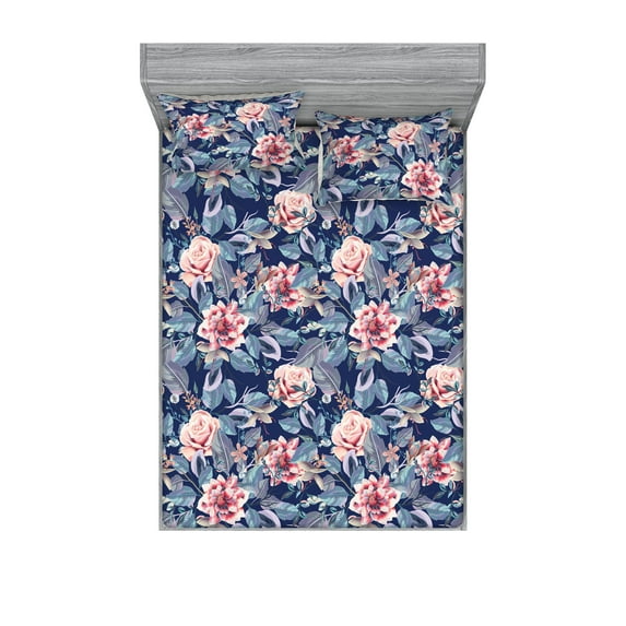 Dreamy Floral Fitted Sheet & Pillow Sham Set, Soft Colors Garden Scene Rose Flowers with Leafy Peduncles Art, Decorative Printed 3 Piece Bedding Decor, Full, Ceil Blue Soft Pink Lilac, by Ambesonne