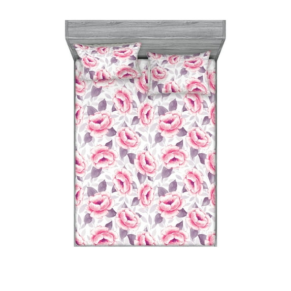 Dreamy Floral Fitted Sheet & Pillow Sham Set, Vintage Flowers Boho with Soft Colors on Leafy Design Back Print, Decorative Printed 3 Piece Bedding Decor, Queen, Pastel Pink Grey Pink, by Ambesonne