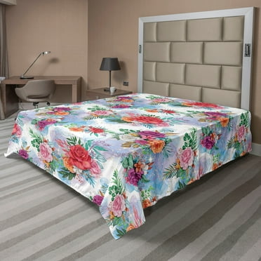 Dreamy Floral Flat Sheet, Colorful Design Fantasy Aura Flowers Vintage with Leafy Ornaments, Soft & Comfy Top Sheet Decorative Bedding 1 Piece, California King, Dark Coral Multicolor, by Ambesonne