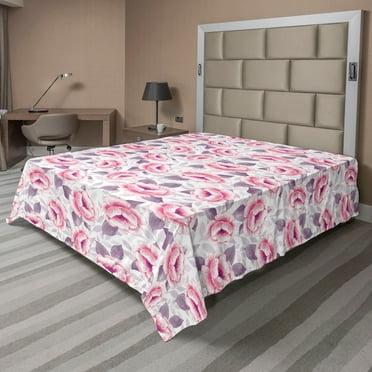 Dreamy Floral Flat Sheet, Vintage Flowers Boho with Soft Colors on Leafy Design Back Print, Soft & Comfy Top Sheet Decorative Bedding 1 Piece, California King, Pastel Pink Grey Pink, by Ambesonne