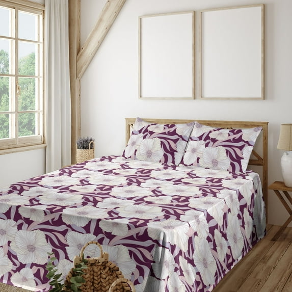 Ambesonne Dreamy Floral Fitted & Flat Sheet with Sham 3 Pcs Set, Flowers Jumble Leaves, Twin XL, Pastel Purple Plum Ivory