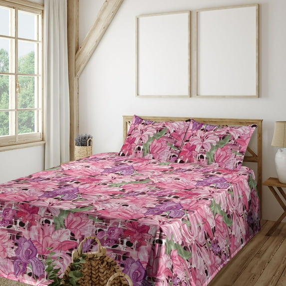 Ambesonne Dreamy Floral Fitted & Flat Sheet with Shams 4 Pcs Set, Fantasy Flowers Retro, Queen, Pastel Pink Fuchsia