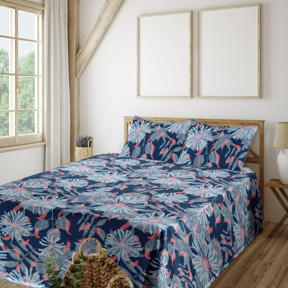 Ambesonne Dreamy Floral Fitted & Flat Sheet with Shams 4 Pcs Set, Boho Aura Retro Bloom, Queen, Soft Blue Dark Coral