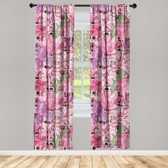 Dreamy Floral Window Curtains, Fantasy Colors Flowers Retro Wave Feels Art on Abstract Boho Back, Lightweight Decor 2-Panel Set with Rod Pocket, Pair of - 28"x63", Pastel Pink Fuchsia, by Ambesonne