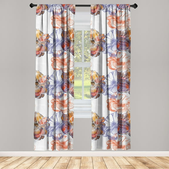 Dreamy Floral Window Curtains, Line Illustrated Tropical Flowers Silhouettes with Fantasy Petals, Lightweight Decor 2-Panel Set with Rod Pocket, Pair of - 28"x63", Dark Coral Blue Violet, by Ambesonne