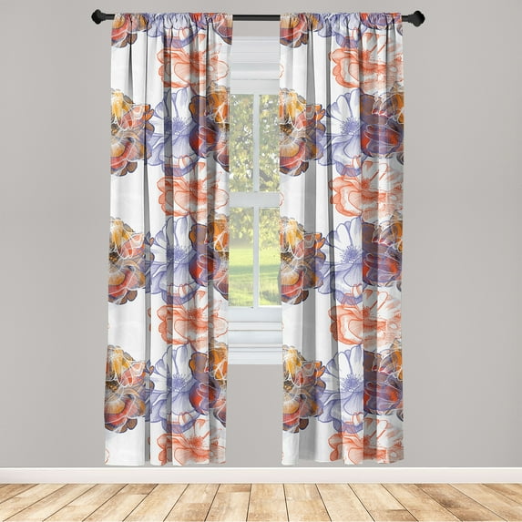 Dreamy Floral Window Curtains, Line Illustrated Tropical Flowers Silhouettes with Fantasy Petals, Lightweight Decor 2-Panel Set with Rod Pocket, Pair of - 28"x95", Dark Coral Blue Violet, by Ambesonne