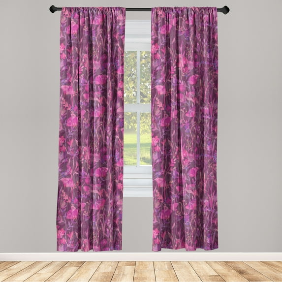 Dreamy Floral Window Curtains, Pinkish Tones Wild Life Delicate Jungle Flowers Leafy Peduncles Art, Lightweight Decor 2-Panel Set with Rod Pocket, Pair of - 28"x84", Magenta Dark Magenta, by Ambesonne