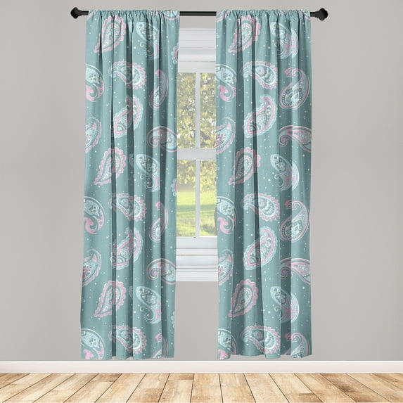 Dreamy Floral Window Curtains, Traditional Paisley Motifs Oriental Themed Flowers Pattern Boho, Lightweight Decor 2-Panel Set with Rod Pocket, Pair of - 28"x63", Cadet Blue Pastel Pink, by Ambesonne
