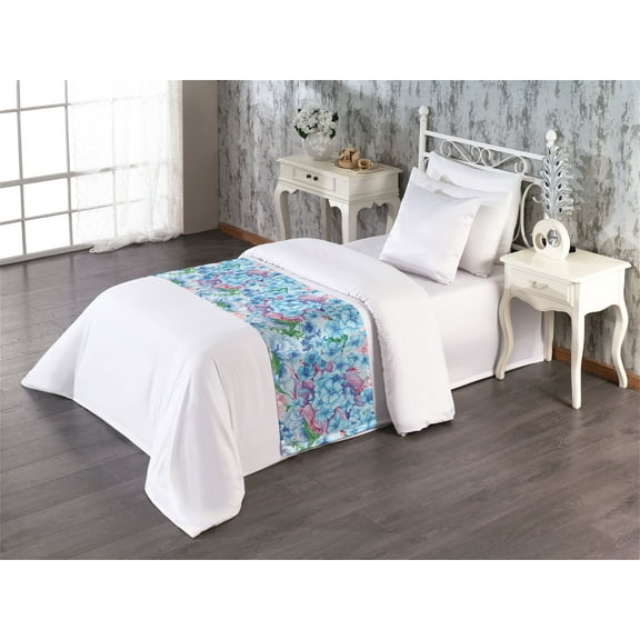 Dreamy Flowers Bed Runner, Delicate Atmosphere of Spring Garden with Botany Floral Design Print, Decorative Accent Bedding Scarf for Hotels Homes & Guest Rooms, Twin, Deep Sky Blue Rose, by Ambesonne