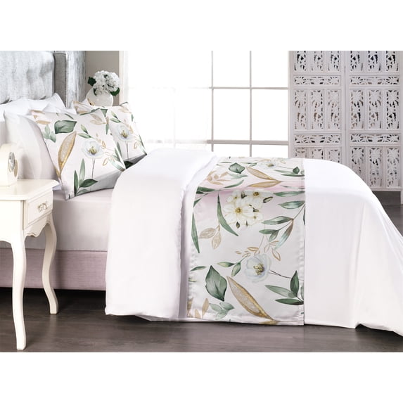 Dreamy Flowers Bed Runner Set, Japanese Themed Falling Leafy Branches and Romantic Floral Art, Decorative Bedding Scarf & 2 Pillow Shams for Hotels Homes, King, Soft Pink Peacock Green, by Ambesonne