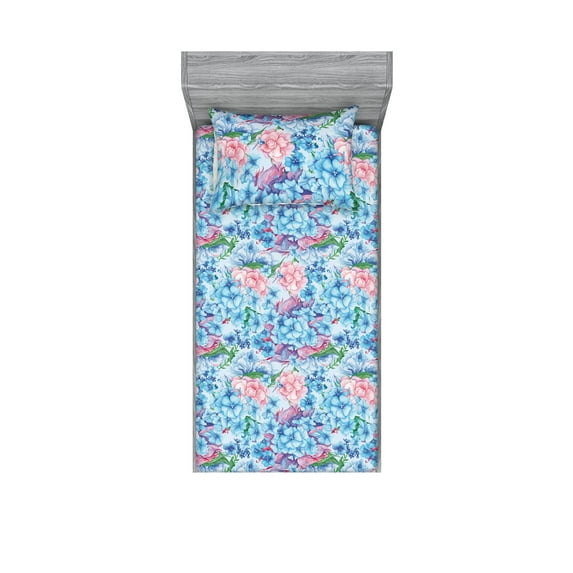 Dreamy Flowers Fitted Sheet & Pillow Sham Set, Delicate Atmosphere of Spring Garden with Botany Floral Design Print, Decorative Printed 2 Piece Bedding Decor, Twin, Deep Sky Blue Rose, by Ambesonne