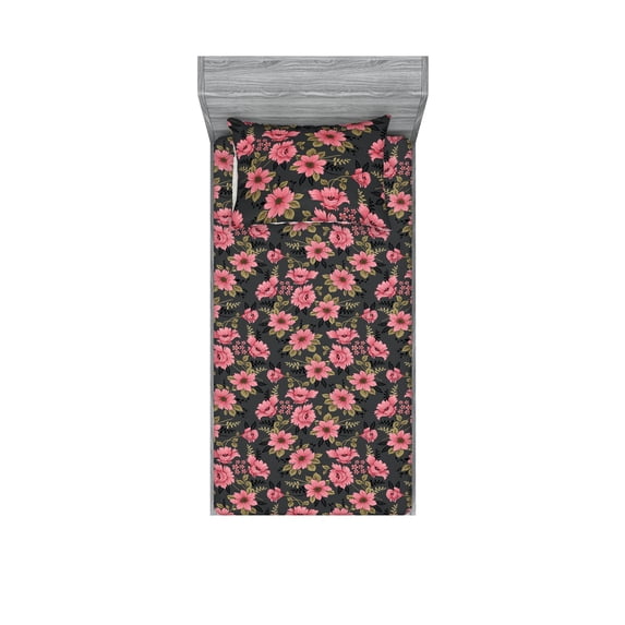 Dreamy Flowers Fitted Sheet & Pillow Sham Set, Japanese Feels Romantic Floral Scene with Autumn Colors Leaves Print, Decorative Printed 2 Piece Bedding Decor, Twin, Pastel Pink Khaki, by Ambesonne