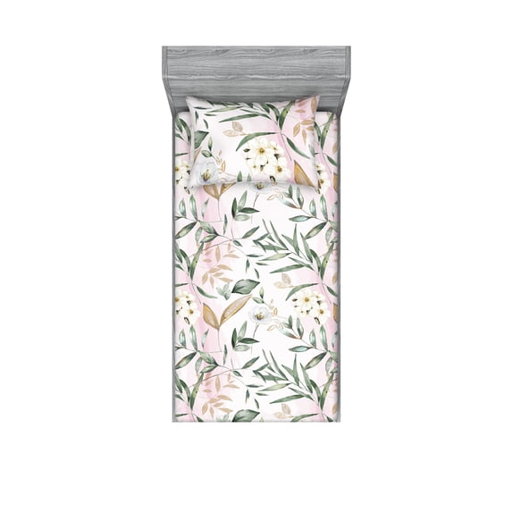 Dreamy Flowers Fitted Sheet & Pillow Sham Set, Japanese Themed Falling Leafy Branches and Romantic Floral Art, Decorative Printed 2 Piece Bedding Decor, Twinxl, Soft Pink Peacock Green, by Ambesonne