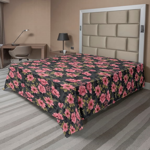 Dreamy Flowers Flat Sheet, Japanese Feels Romantic Floral Scene with Autumn Colors Leaves Print, Soft Comfortable Top Sheet Decorative Bedding 1 Piece, Queen Size, Pastel Pink Khaki, by Ambesonne