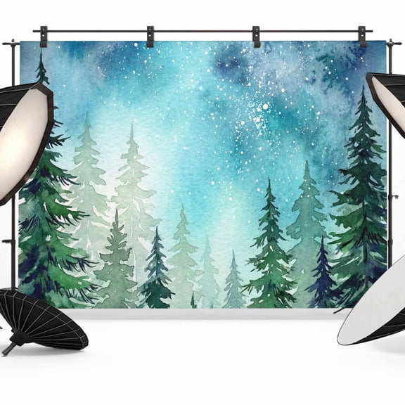 Dreamy Forest Backdrops for Photography, Country Green Pine Trees Blue Teal Star Night Sky Fabric Photo Background Sturdy Studio Props for Photo Studio, Video Recording, Booth & Photoshoot 7x5ft