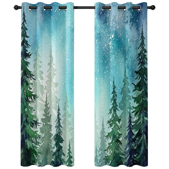 Dreamy Forest Blackout Curtains 63 Inches Long, Country Green Pine Trees Blue Teal Star Night Sky Thermal Insulated Room Darkening Drapes with Grommets for Living Room 42"W x 63"L, 2 Panels