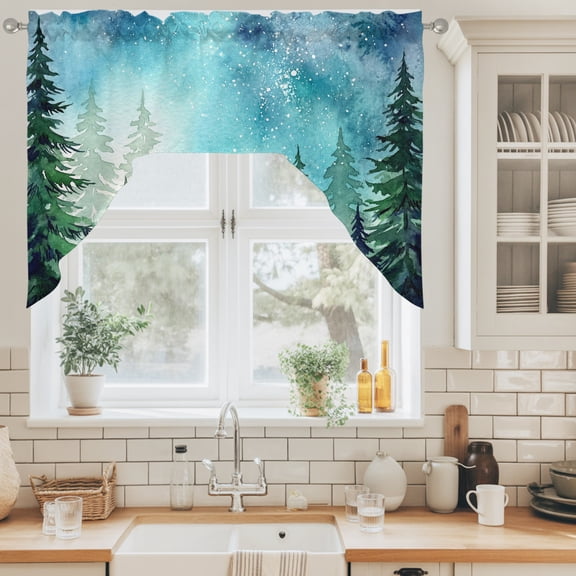 Dreamy Forest Swag Valance for Windows, Country Green Pine Trees Blue Teal Star Night Sky Swag Curtains Valances for Small Window Treatment Rod Pocket for Kitchen Bathroom 1 Panel 56x36in