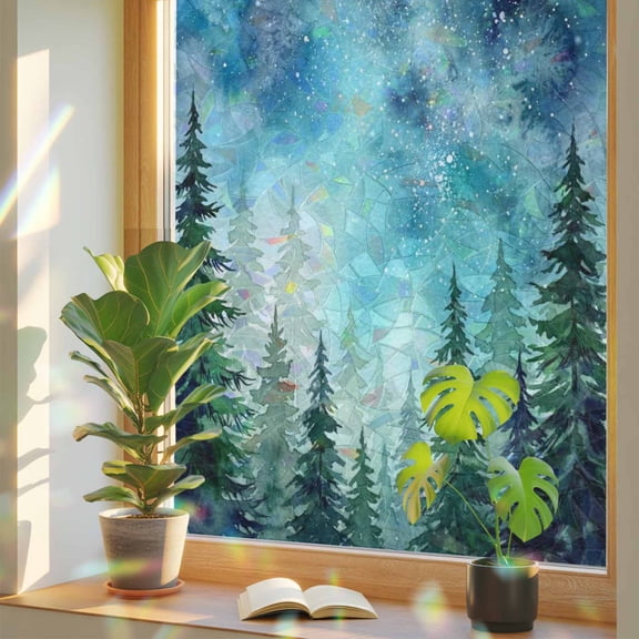 Dreamy Forest Window Privacy Film, Country Green Pine Trees Blue Teal Star Night Sky Stained Glass Rainbow Film Decorative Window Clings, Static Cling Sun Blocking Stickers 29.5" x 78.7"