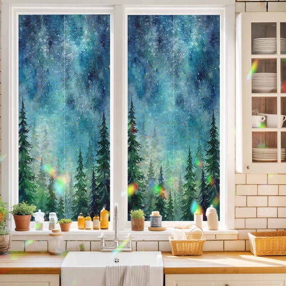 Dreamy Forest Window Privacy Film Country Green Pine Trees Blue Teal Star Night Sky Static Cling Stained Glass Window Film Non-Adhesive Decorative Decals Rainbow Sticker 17.7"X39.3"