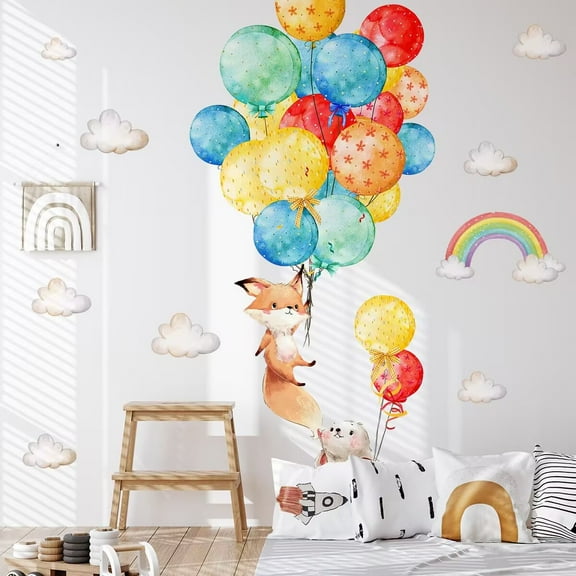 Dreamy Fox & Balloon Kids Room Wall Decals - Colorful Balloons, Fox & Rabbit DesignEasy Peel&Stick,Removable wall sticker,DIY Wall Decals perfect for Kids room,Living Room,Home Wall and Nursery Dco