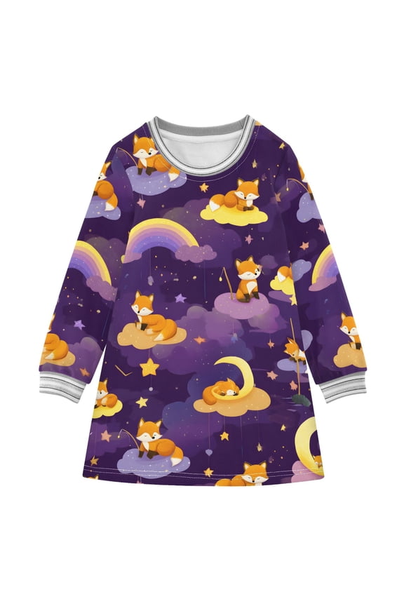 Dreamy Fox Pattern Girls'long-sleeved dress Thickened A-dress Warm Dress Basic Shirt Party Dresses