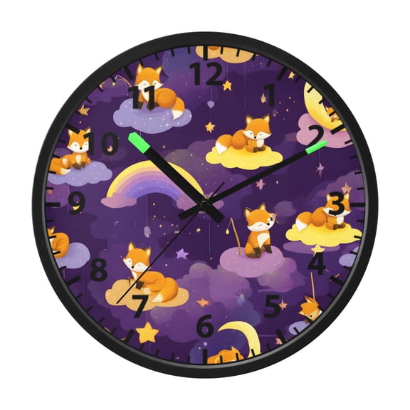 Dreamy Fox Pattern Wall Clock 12 Inch Voice Activated Night Light Silent Non Ticking