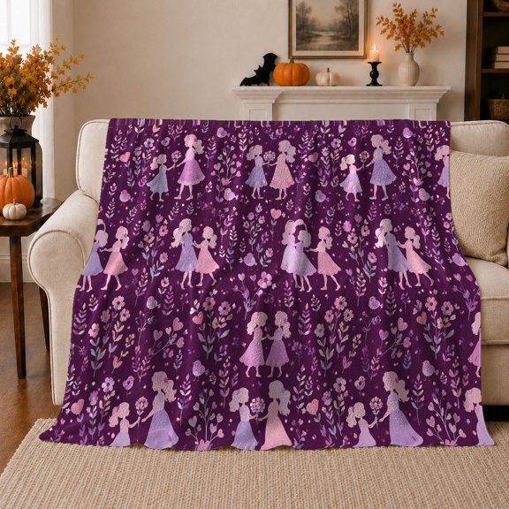 Dreamy Friendship Bouquet Scene Purple, Cozy Friendship Quote Scene, Warm Flannel Blanket for Living Room and Reading Nook, Art Lovers Friendship Gift, Fantasy Home Decor