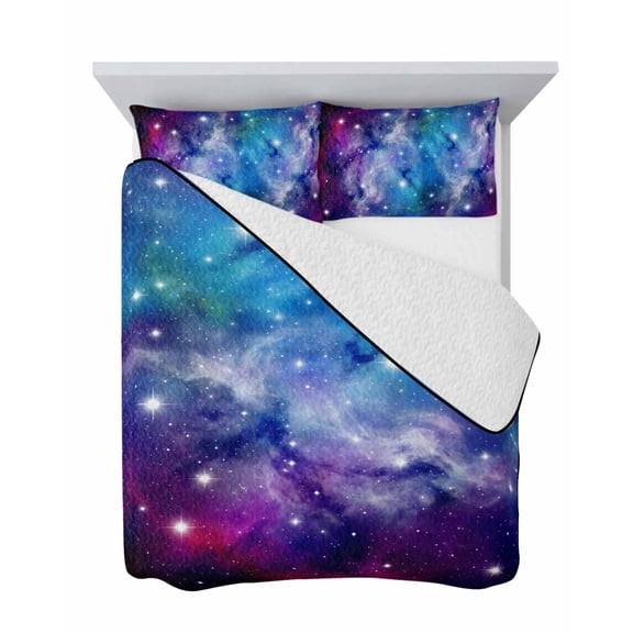 Dreamy Galaxy 3 Piece Quilt Set King Size, Universe Starry Sky Shine Stars Colorful Modern Soft Bedspread Coverlet Bedding Set Microfiber Lightweight Comforter Set with 2 Pillowcases for Bedroom