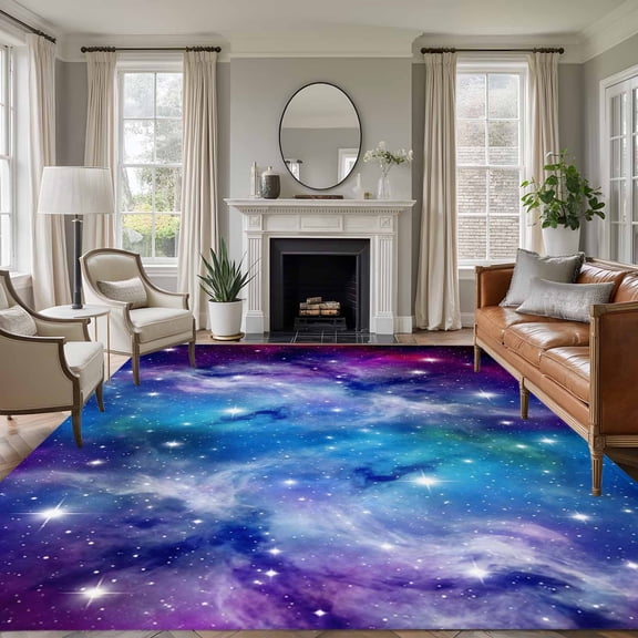 Dreamy Galaxy 8'x10' Large Area Rug for Living Room Sectional Sofa, Universe Starry Sky Shine Stars Colorful Modern Non Slip Low Pile Rectangle Area Rug, Machine Washable Indoor Outdoor Mat