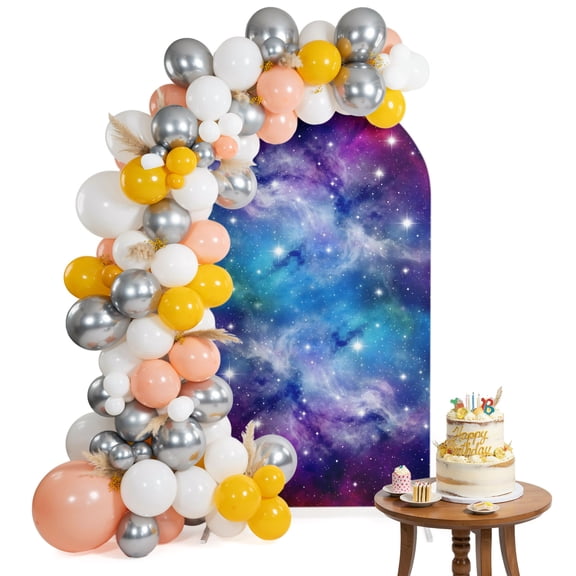 Dreamy Galaxy Arch Backdrop Cover 4 Ft Universe Starry Sky Shine Stars Colorful Modern Spandex Fitted Stretchy Arch Cover, Round Top Chiara Backdrop Cover for Wedding Birthday Baby Shower
