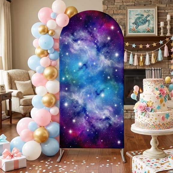 Dreamy Galaxy Arch Backdrop Covers 4 FT, Universe Starry Sky Shine Stars Colorful Modern Stretchy Fitted Arched Stand Covers Party Arch Stand Cover Photo Booth for Wedding Birthday Decor