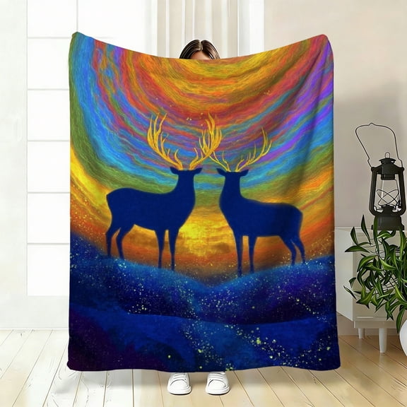 Dreamy Galaxy Flannel Blanket with Silhouette Deer Under Colorful Circular Aurora Soft Cozy All-Season Throw for Sofa Bed, Perfect Celestial Themed Room Decor.