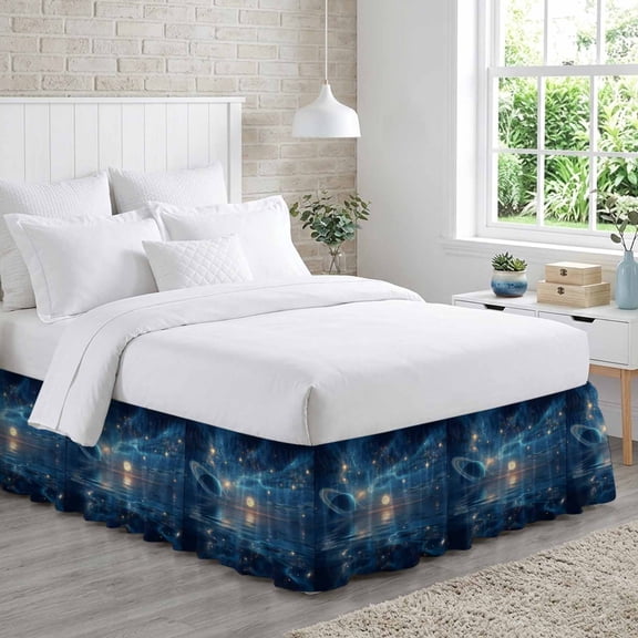 Dreamy Galaxy Planet Bed Skirt Queen Size 16 Inch Drop, Starry Sky Mysterious Natural Sea Adjustable Elastic Dust Ruffles Bedskirt for Queen Bed Wrap Around Pleated Mattress Frame Cover