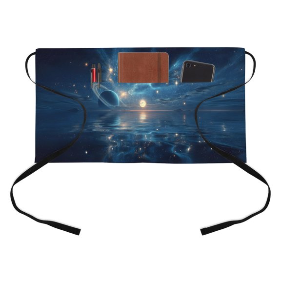 Dreamy Galaxy Planet Kitchen Restaurant Half Waist Apron, Starry Sky Mysterious Natural Sea Server Short Apron with 3 Pockets Waterproof Oil Waist Aprons for Women Waitress Waiter