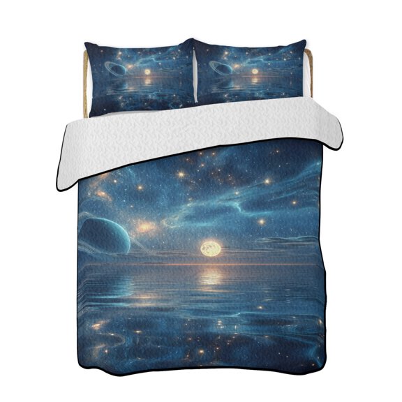 Dreamy Galaxy Planet Quilts Bedding Set King Size Starry Sky Mysterious Natural Sea Lightweight Quilted Bedspread 3 Piece Bed Quilt with 2 Pillow Shams All Season for Bedroom 90" x 96"