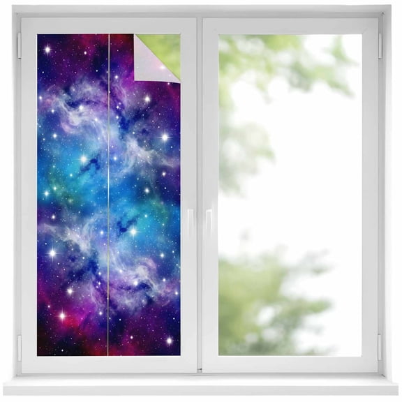 Dreamy Galaxy Window Privacy Film, Universe Starry Sky Shine Stars Colorful Modern Frosted Glass Window Clings Static Cling UV Heat Blocking Reusable Door Sticker for Bathroom 17.7 x 39.3 Inch