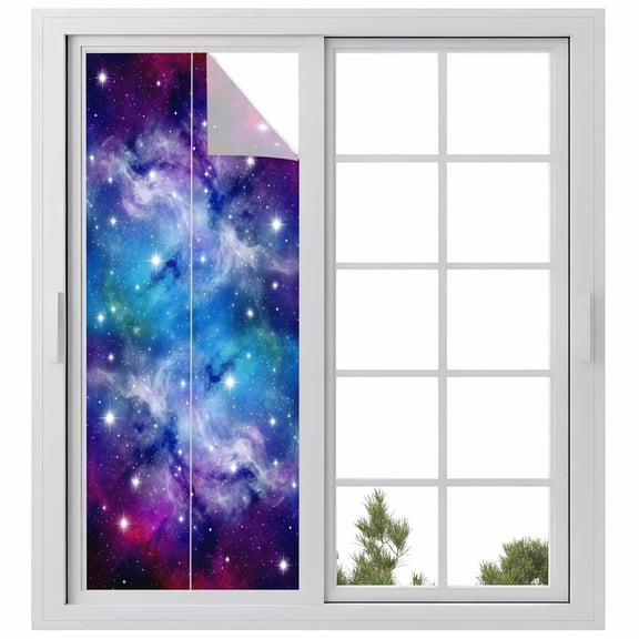 Dreamy Galaxy Window Privacy Film, Universe Starry Sky Shine Stars Colorful Modern Frosted Glass Window Clings Static Cling UV Heat Blocking Reusable Door Sticker for Bathroom 23.6 x 59 Inch