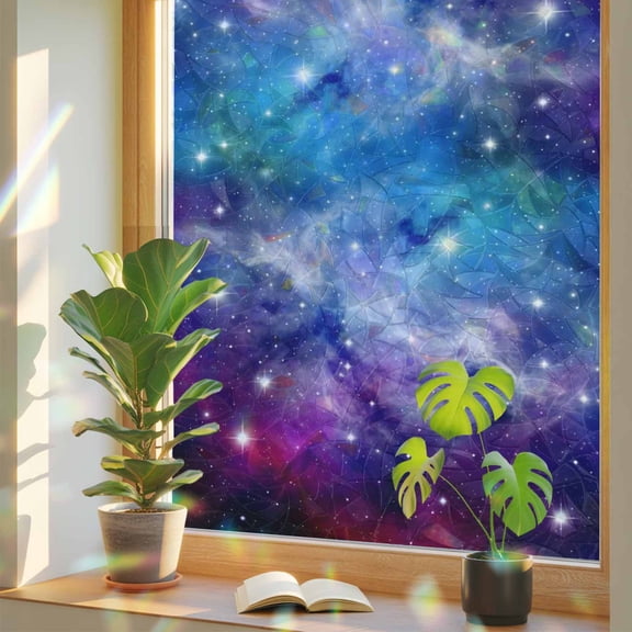 Dreamy Galaxy Window Privacy Film, Universe Starry Sky Shine Stars Colorful Modern Stained Glass Rainbow Film Decorative Window Clings, Static Cling Sun Blocking Stickers 17.7" x 39.3"