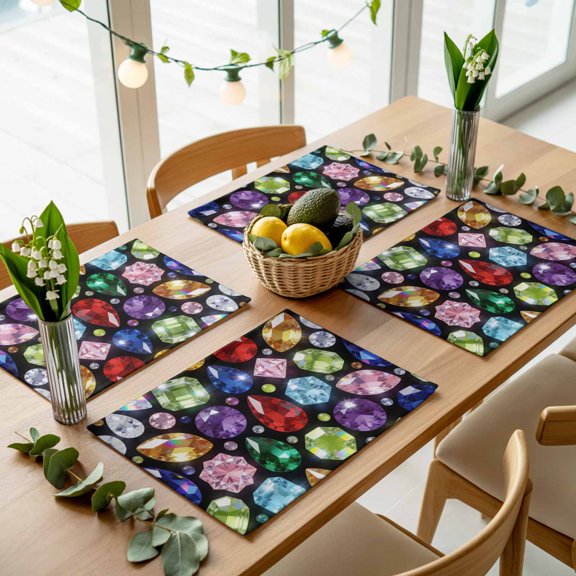 Dreamy Gemstone Colorful Placemats Set of 4,Wipeable Washable Table Mats for Dining Tables, Abstract Geometric Place Mats for Kitchen Event Party Tabletop Decor