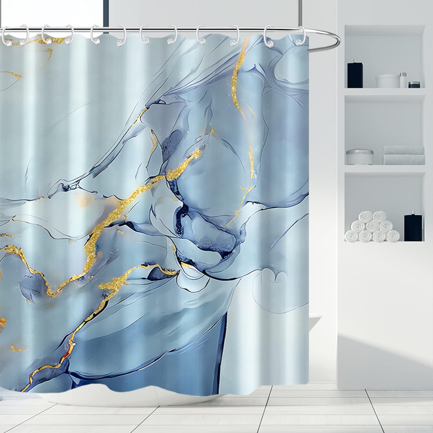 Baocicco Light Blue Marble Shower Curtain Set – No Hook Design With Snap-in Fabric Liner, Waterproof (71x74 Inch)