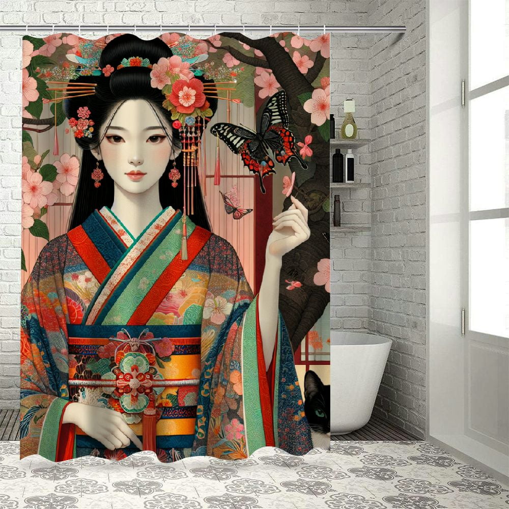 Dreamy Japanese Shower Curtain Girl Pink Cherry Blossom Romantic Nature ...