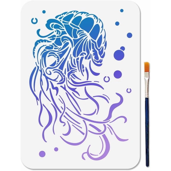 Dreamy Jellyfish Stencil Reusable Summer Ocean Bubbles Stencils forPainting 11.78.3inch Marine Life Art Craft Templates with Paint Brush