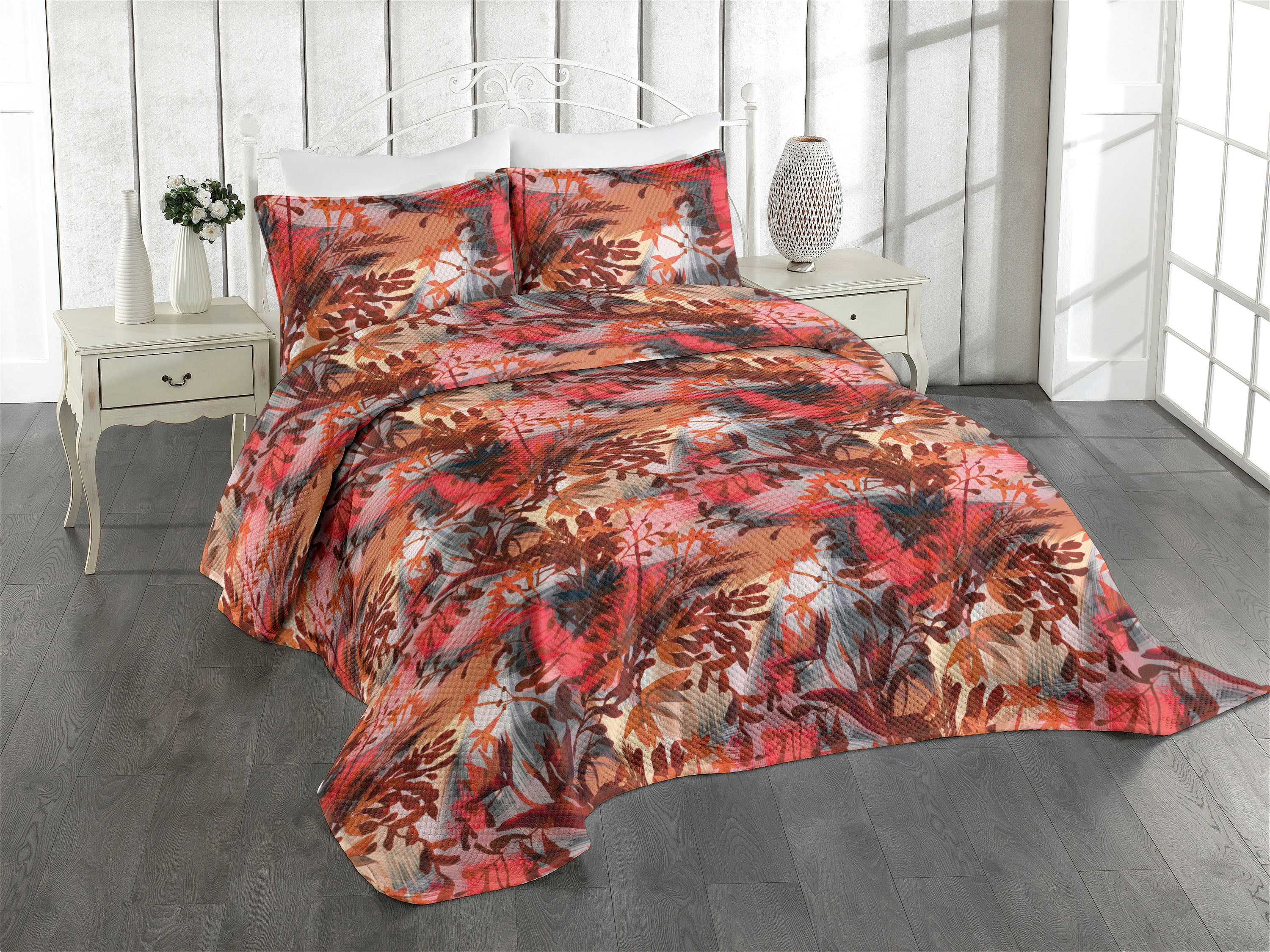 Dreamy Jungle Bedspread, Wild Silhouettes of Leaves with Stem Artwork