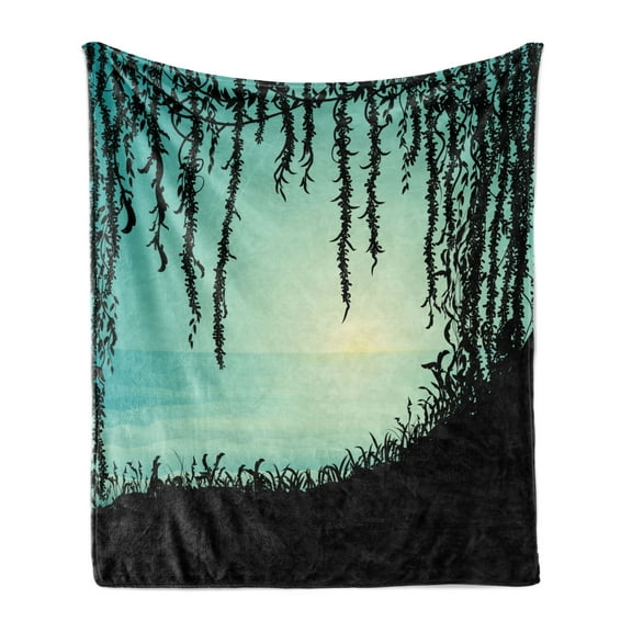Dreamy Jungle Soft Flannel Fleece Blanket, Liana Cave and Sea View Sunset Scene Early Morning in the Wild, Cozy Plush for Indoor and Outdoor Use, 50" x 70", Pale Green Charcoal Grey, by Ambesonne
