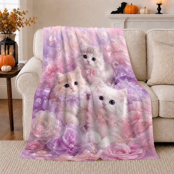 Dreamy Kitten Floral Portrait, Cozy Pet Portrait Pattern, Warm Flannel Blanket for Living Room and Bedroom with Detailed Artwork, Cat Lovers Just Because Gift, Pet Lover Home Decor