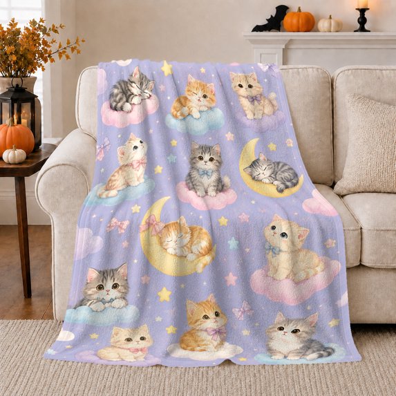 Dreamy Kitten Moon Star Pattern, Mystical Pet Portrait Pattern, Warm Flannel Blanket for Living Room and Bedroom, Cat Lovers Just Because Gift, Pet Lover Home Decor