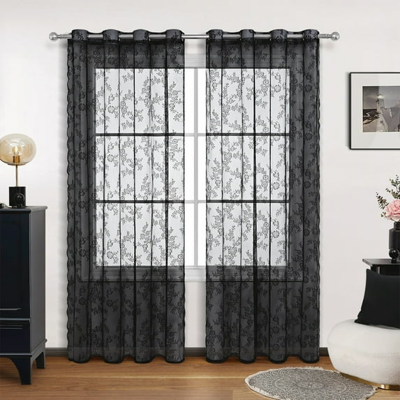Dreamy Lace Semi Sheer Curtains, 100% Polyester Vintage Window Drapes, with Grommet Top and Light Filtering, for Bedroom Living Room Partition, Bohemian Style Sheers, Black