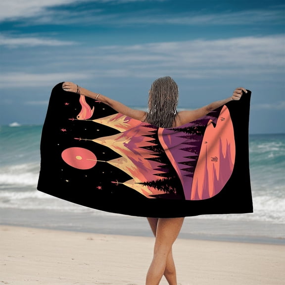 Dreamy Landscape Bath Towel - Serene Mountains Warm Hues Celestial Body & Whimsical Bird Design - Perfect for Beach Pool & Travel