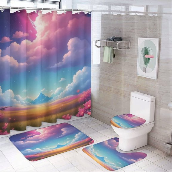 Dreamy Landscape with Flowers And Clouds Shower Curtain Bathroom Sets Toilet Lid Rug, Bath Mat And Contour Mat, Shower Curtain 4Pcs